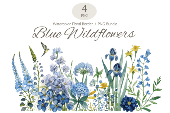 Blue Wildflower Horizontal Border Bundle: Elegant Design Assets