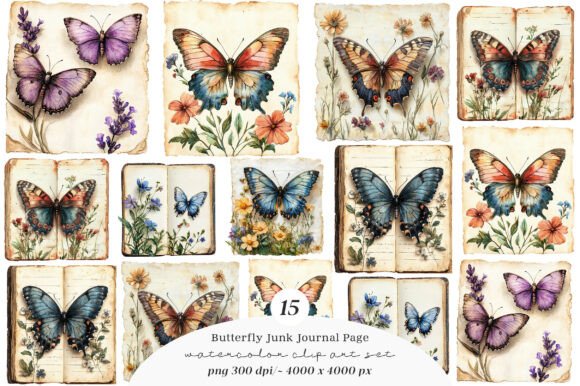 Butterfly Junk Journal Page Bundle: Design Assets for Creative Projects