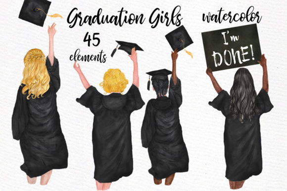 Elegant Graduation Clipart Watercolor Girls for Designs