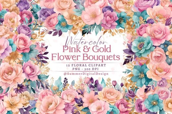 Elegant Watercolor Pink and Gold Flower Bouquets for Design