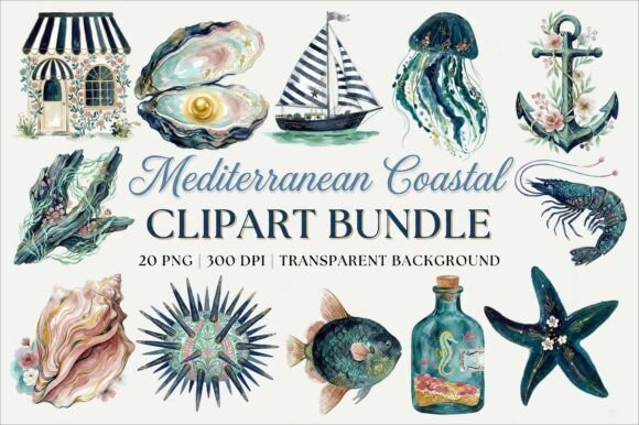 Elevate Your Designs with Mediterranean Coastal Watercolor Clipart