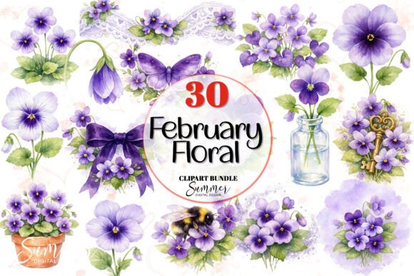 February Violet Floral Watercolor Clipart for Elegant Design