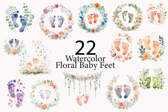 Floral Baby Feet Watercolor Clipart for Elegant Design Projects