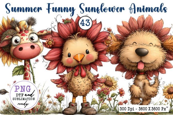 Summer Funny Sunflower Animals Clipart: Vibrant Design Elements