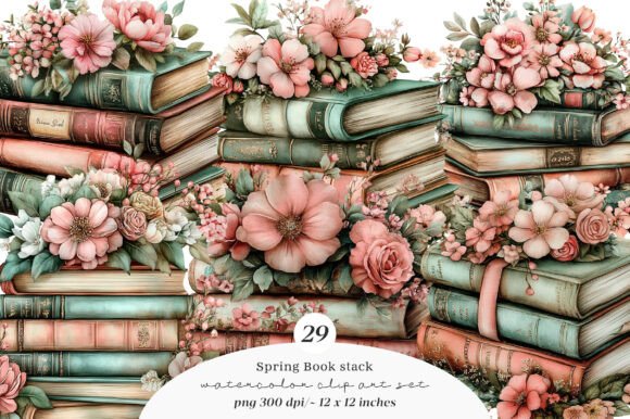 Whimsical Spring Book Stack Clipart: A Designer's Delight