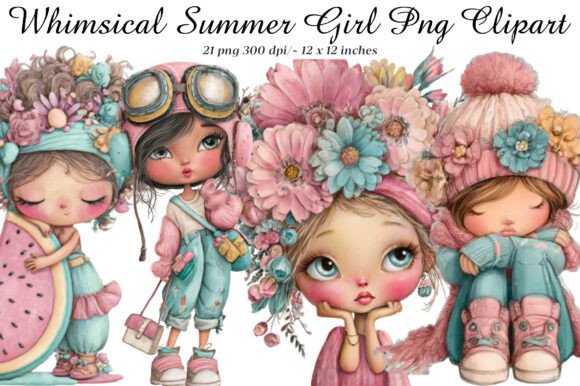 Whimsical Summer Girl Png Clipart Bundle for Creative Projects