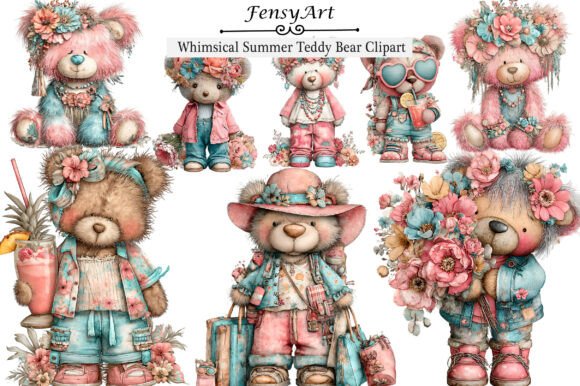Whimsical Summer Teddy Bear Clipart for Designers