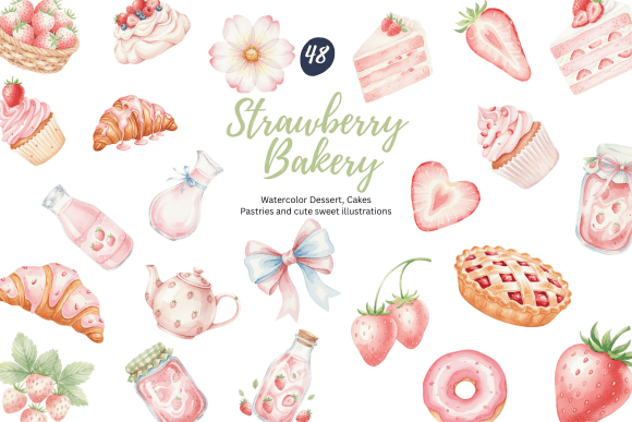 Whimsical Watercolor Strawberry Bakery Clipart for Designers